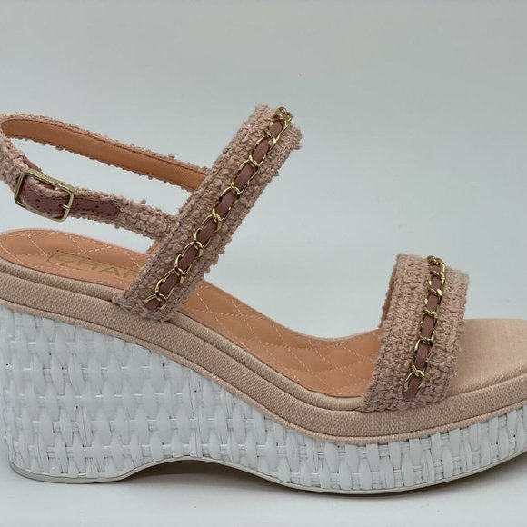 CHANEL 20C Tweed Leather Chain CC Raffia Platform Wedge Heel Sandals Sho…